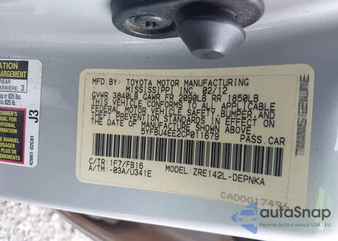 2012 Toyota Corolla Le from USA, damaged, VIN 5YFBU4EE2CP011679